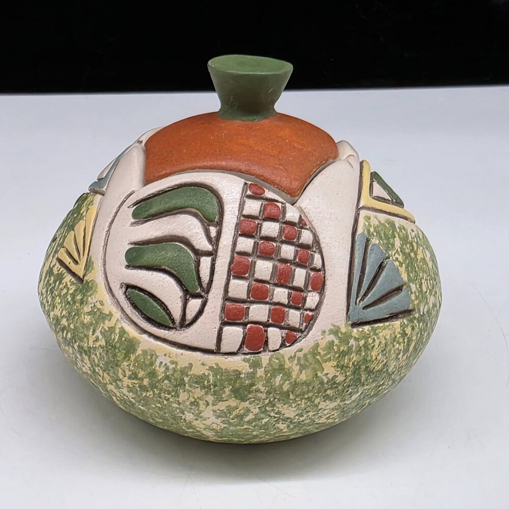 Handmade Ceramic Lidded Jar Abstract Multicolor Patterns & Textures Carved Desig